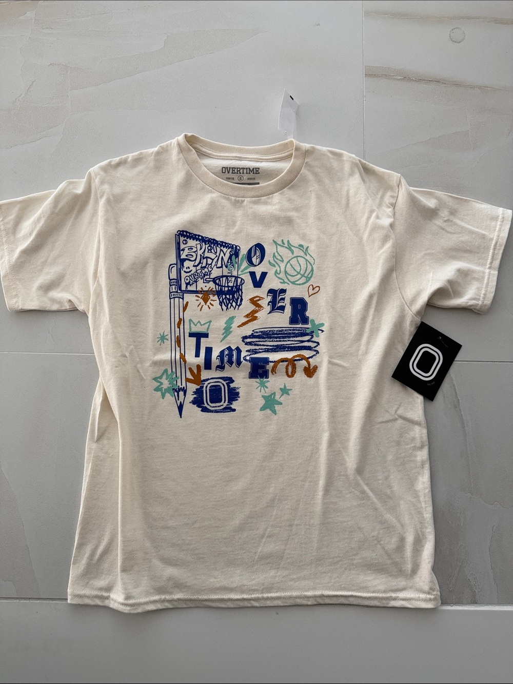 OVERTIME Graphic Tee in Cream with Blue & Teal Print